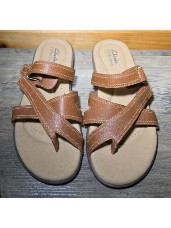 Clarks Shoes - Clark's Size 9w Collection Elizabelle Bay Brown Leather Thong Sandels Adjustable